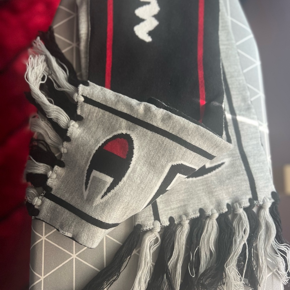 Black and Gray Fringed Champion Scarf with Red Accents